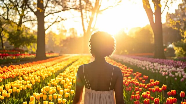 Woman with Afro Hairstyle Enjoying a Beautiful Sunset in a Colorful Tulip Field.