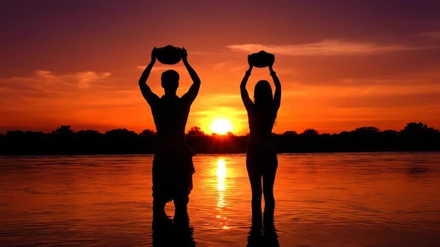 Devotees Offer Prayers to Sun God During Chhath Festival at Sunrise in Bihar India, Religious Celebration