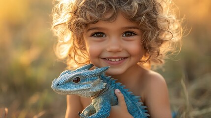 A smiling child with tousled hair holds a shimmering blue dragon, playing in a grassy field.