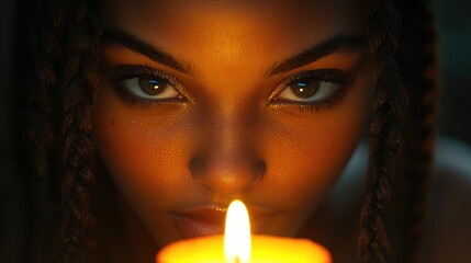 Girl with black hair and brown eyes gazes intently at a lit candle, the warm glow illuminating her face.