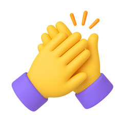 3D clapping hands, yellow gesture with purple sleeves, isolated on transparent background