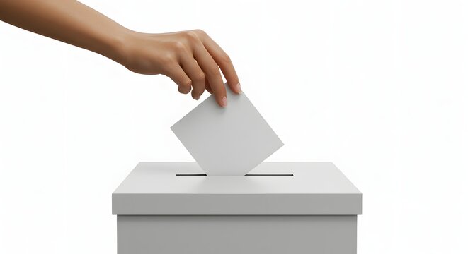 A hand drops a blank paper into a ballot box, illustrating voting and democratic process
