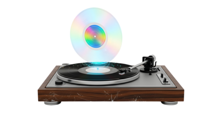 Vintage record player with a holographic CD floating above, symbolizing music evolution