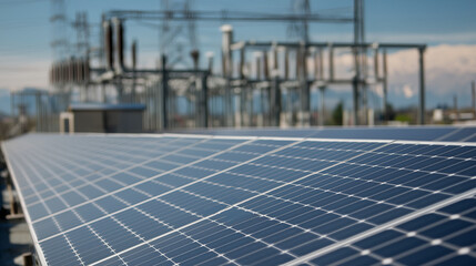 Solar panel near electrical substation on cloudy day.
