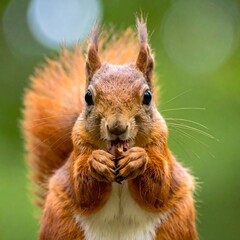 Obraz premium Close-up of a squirrel eating, sharp focus, green blurred background