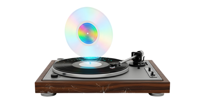 Vintage record player with a holographic CD floating above, symbolizing music evolution