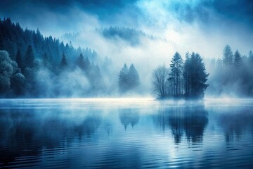 Fototapeta premium Serene Mist-Shrouded Isle on a Tranquil Lake, Enveloped by a Mystical Forest at Dawn