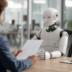 A young humanoid robot sitting face-to-face with a person, smiling and engaging in conversation