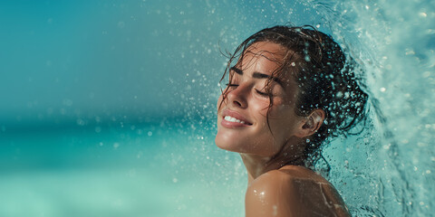 close-up photo of a beautiful woman with tied-up hair, eyes closed, smiling as light blue water splashes gently on her, with wide empty space