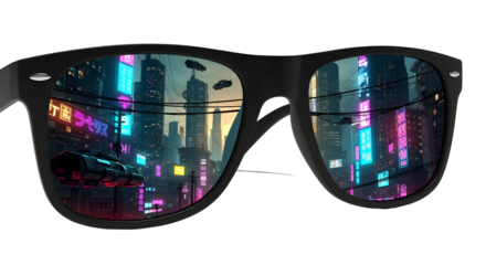 Futuristic cityscape reflected in sleek sunglasses, evoking a sense of wonder and modern adventure.