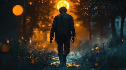 Mutated zombie dragging its disfigured body across the overgrown park, night air thick with decay, the eerie glow of the moon casting shadows.
