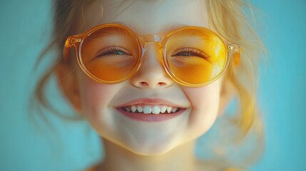 Smiling young girl wearing yellow sunglasses poses for the camera against a blue background.