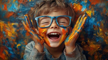 Young boy is covered in colorful paint from head to toe, wearing blue glasses and smiling widely against a vibrant backdrop of abstract art.