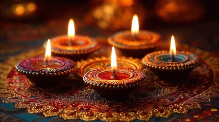 Close up of lit diya lamps for diwali celebration, creating a warm and festive atmosphere in the scene