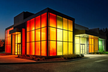 Modern office exterior illuminated with orange and yellow lights during Halloween night