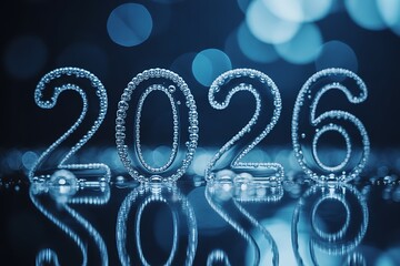 Sparkling 2026 numbers shimmering with water droplets and reflections, perfect for New Year celebrations and future planning