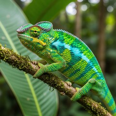 Obraz premium Vibrant Chameleon perched on a mossy branch in a lush rainforest.