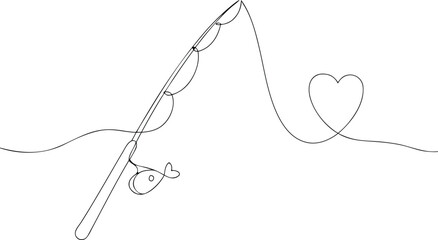 Fishing rod with heart shaped lure and fish vector