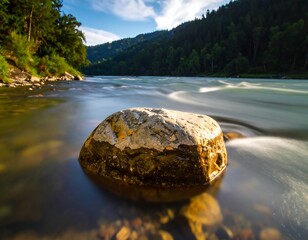 A serene river scene features a prominent, speckled rock in foreground, capturing the flow of water