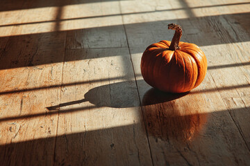 Single pumpkin on wooden floor illuminated by golden sunlight in cozy home interior