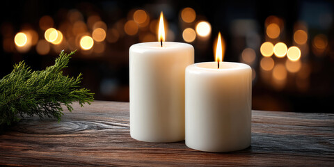 Two white candles with warm flames on wooden table, surrounded by soft bokeh lights, creating peaceful and cozy atmosphere