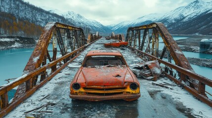 Bridge in ruin with scattered cars, fractured surface, snow covering the destruction left by nuclear conflict.