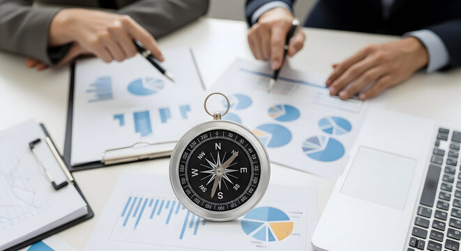 Business team analyzing financial data with compass for strategic direction
