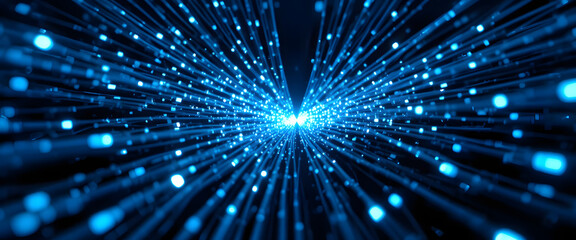 Dynamic blue light streams converging towards a bright point, representing digital connectivity and data flow for modern technology.