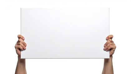 Two hands holding up a large blank white horizontal poster for your text. Isolated on white background