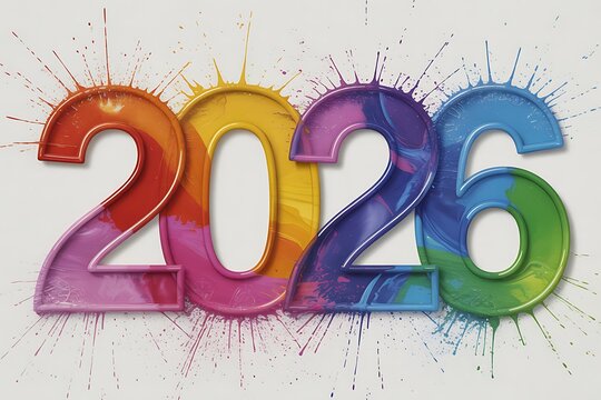 Vibrant 2026 numerals explode with colorful paint splashes, celebrating new beginnings and creative expression