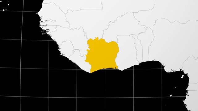 Cote d'Ivoire map. Animated zoom into the country on the Globe in Black White color palette. Country logo animation. Map with meridians, parallels. Charming video.