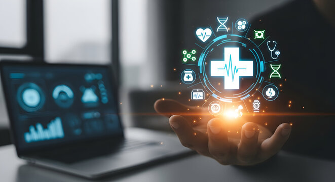 Innovative healthcare technology concept with medical icons and glowing symbols