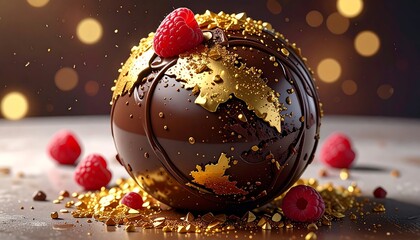 A spherical dessert, resembling a globe, with chocolate, gold flakes, and raspberries