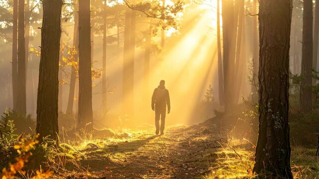 Solitary Man Walking on a Forest Path at Sunrise.