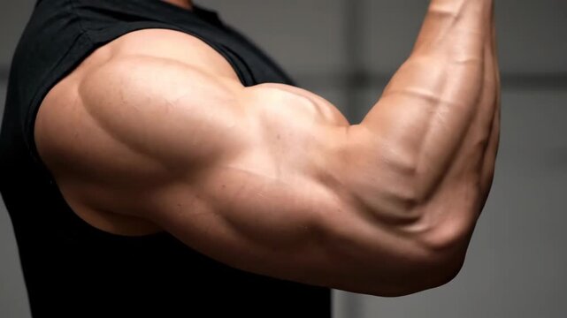 Strong Male Arm Muscles Flexing in Studio Lighting Background