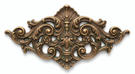 Antique Bronze Rococo Scrollwork Furniture Escutcheon Plate Isolated on White Background