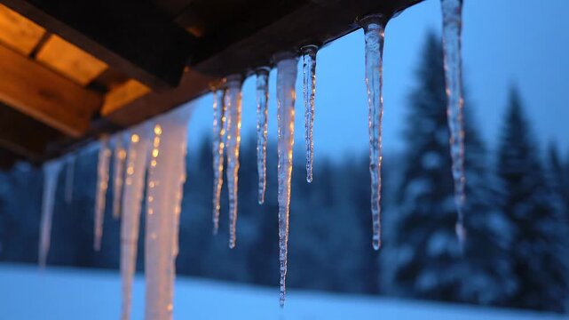 A row of sharp, glistening icicles hangs from a wooden roof eave against a cold, snowy forest background at dusk.