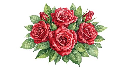 Beautiful Red Roses With Green Leaves Water Droplets