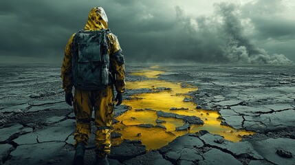 Toxic pools glowing on cracked soil. A figure in a patched hazmat suit, surrounded by radioactive waste. Nuclear war apocalypse, world in ruins.