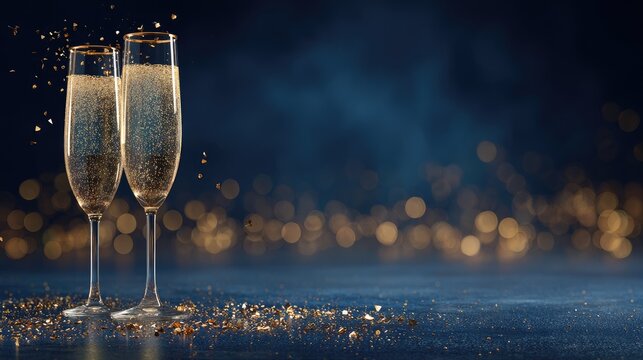 Two champagne flutes with bubbly liquid and golden confetti. - Powered by Adobe