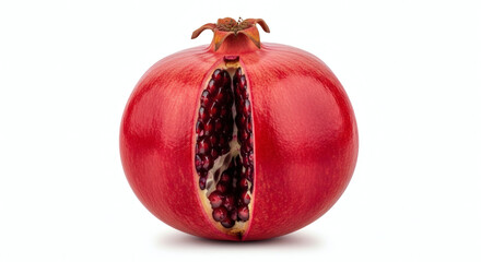 Whole Ripe Pomegranate Fruit with a Natural Split Showing Deep Red Arils on White Background