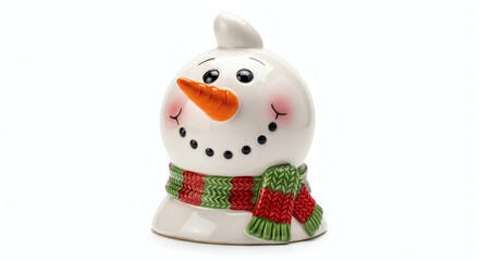 Charming Ceramic Snowman Head Decoration with Red and Green Scarf on White Background