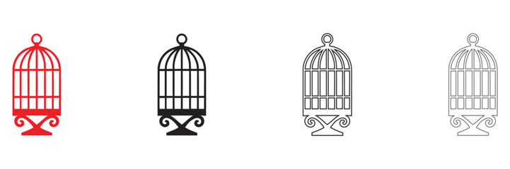 Bird cage icon set, locked bird cage vector, silhouette and line art