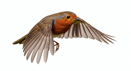 European Robin Bird in Full Flight Isolated on White Background Wildlife Photography