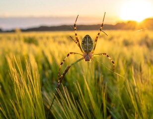 A spider hangs in a wheat field, backlit by a setting sun, casting long shadows