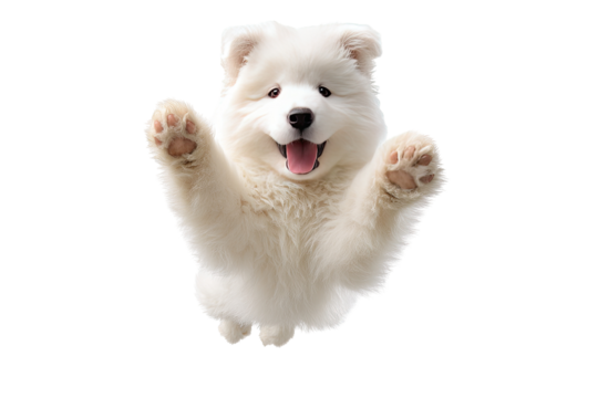 Fluffy white puppy, paws up, joyful expression
