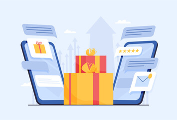 Two smartphones exchanging messages with gift boxes and rating stars. Flat vector illustration of online shopping and present delivery on blue background. E-commerce and digital marketing concept
