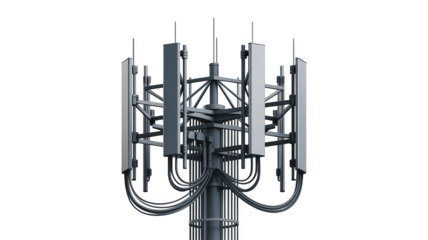 A modern cellular tower stands against a white background.