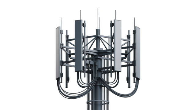 A modern cellular tower stands against a white background.