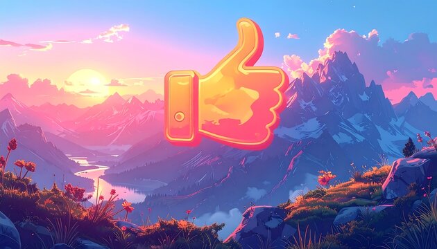 A glowing like symbol floats over a vibrant landscape of mountains at sunset